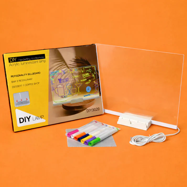 LED Light-Up Writing Board With 7 Marker – 15×15 cm Acrylic Message Pad with Stand | Colorful DIY Notes & Erasable Neon Pens