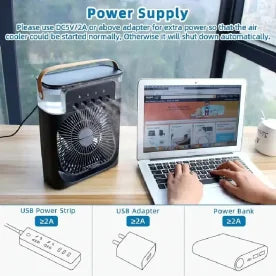 USB Mini Portable Air Cooler with 3 Wind Speed and 3 Spray Modes, Desktop Fan with a 7 colour LED light
