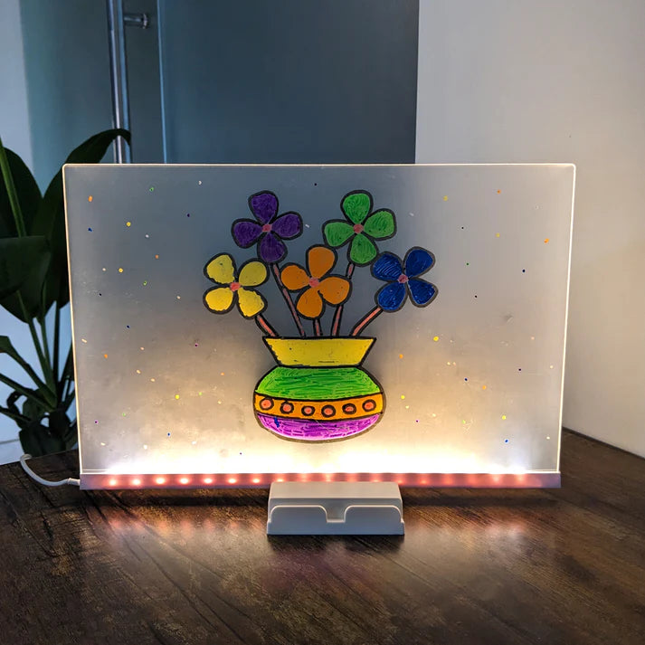 LED Light-Up Writing Board With 7 Marker – 15×15 cm Acrylic Message Pad with Stand | Colorful DIY Notes & Erasable Neon Pens