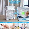 USB Mini Portable Air Cooler with 3 Wind Speed and 3 Spray Modes, Desktop Fan with a 7 colour LED light